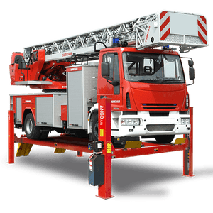 A red fire truck with an extended ladder on an AMGO PRO-40 4 Post Lift hydraulic platform from AMGO Hydraulics, boasting a 40,000 lbs capacity.