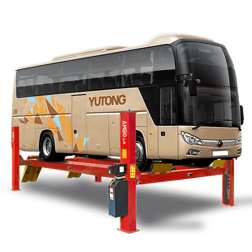 A Yutong bus is elevated on an AMGO PRO-40E (Extra Length) 4 Post Lift with "AMGO Hydraulics" branding, displaying its underside for maintenance. The model provides a sturdy, 40,000 lbs capacity platform.