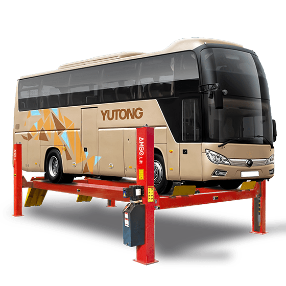 A Yutong bus is elevated on an AMGO PRO-40E (Extra Length) 4 Post Lift with "AMGO Hydraulics" branding, displaying its underside for maintenance. The model provides a sturdy, 40,000 lbs capacity platform.