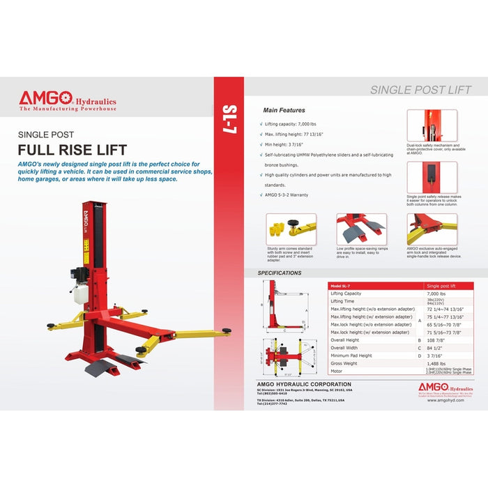 Explore the AMGO Hydraulics SL-7 7,000 lbs Single Post Lift, designed to handle heavy loads with ease. The detailed lift diagram, advanced features, and precise specifications exhibit its superior engineering.