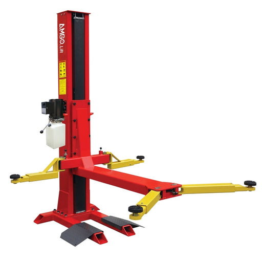 The AMGO Hydraulics SL-7 7,000 lbs Single Post Lift is a red and yellow automotive lift with vertical support and adjustable arms designed for vehicle maintenance.