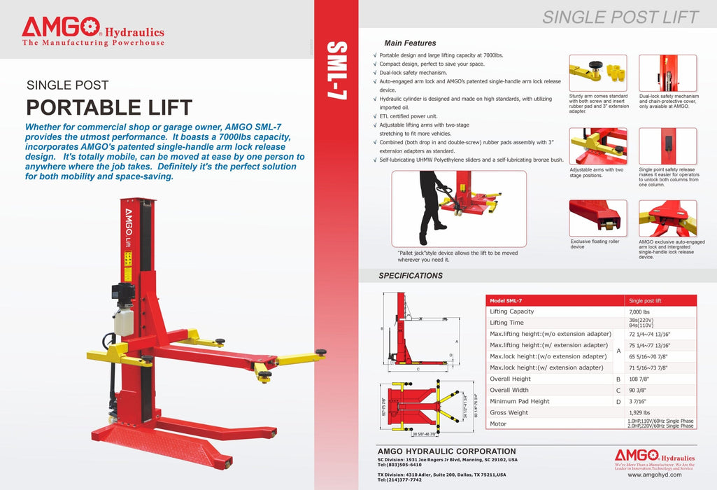 Discover the AMGO Hydraulics SML-7 7,000 lbs Single Post Lift with a robust capacity. Explore its advanced features, precise specifications, and detailed images. Transform your automotive workspace efficiently and safely with this reliable lifting solution.