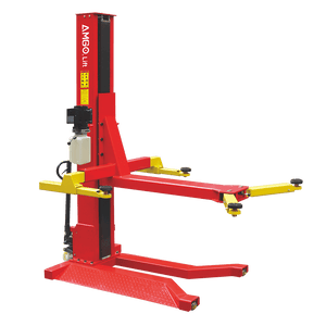 The AMGO Hydraulics SML-7 7,000 lbs Single Post Lift, featuring a red and yellow design and two adjustable arms, is ideal for vehicle maintenance with its 7000lbs capacity.