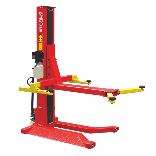 The AMGO Hydraulics SML-7 7,000 lbs Single Post Lift, featuring a red and yellow design and two adjustable arms, is ideal for vehicle maintenance with its 7000lbs capacity.