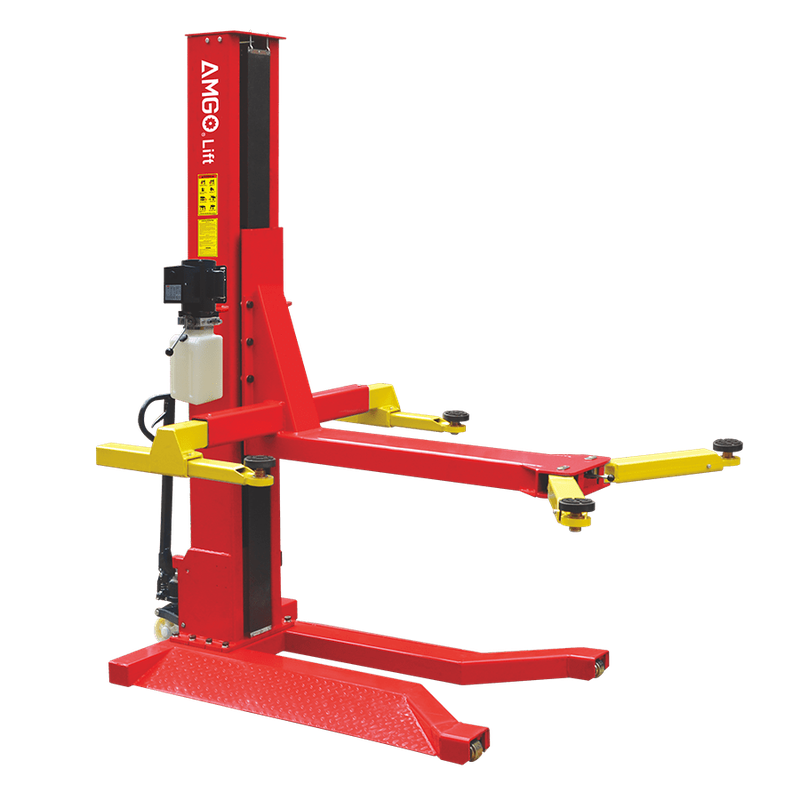 The AMGO Hydraulics SML-7 7,000 lbs Single Post Lift, featuring a red and yellow design and two adjustable arms, is ideal for vehicle maintenance with its 7000lbs capacity.