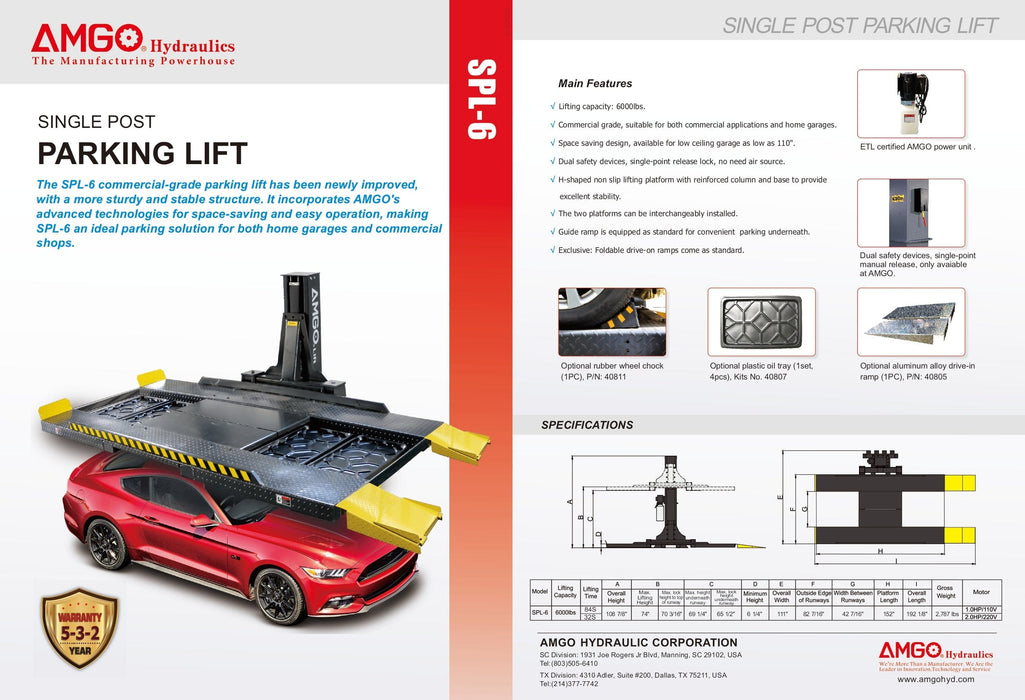 Brochure for the AMGO Hydraulics SPL-6 Single Post Parking Lift featuring a red car elevated, with detailed product features and specifications of this commercial-grade parking lift.