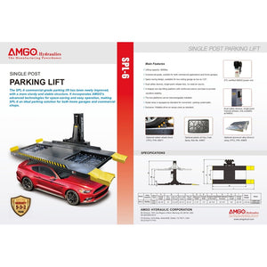 Brochure for the AMGO Hydraulics SPL-6 Single Post Parking Lift featuring a red car elevated, with detailed product features and specifications of this commercial-grade parking lift.