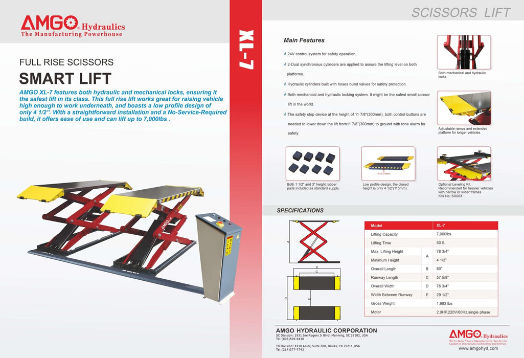 Brochure for the AMGO Hydraulics XL-7 7,000 lbs Low Profile Scissor Lift, highlighting its main features, specifications, and including a visual of the lift with both hydraulic and mechanical locks.