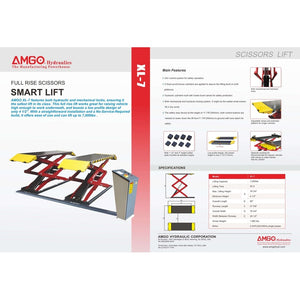 Brochure for the AMGO Hydraulics XL-7 7,000 lbs Low Profile Scissor Lift, highlighting its main features, specifications, and including a visual of the lift with both hydraulic and mechanical locks.