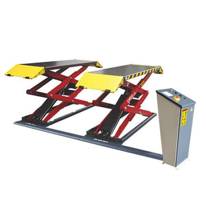 The AMGO Hydraulics XL-7 7,000 lbs Low Profile Scissor Lift with yellow ramps and red supports stands next to a control panel. Featuring a low profile scissor lift design, it includes hydraulic and mechanical locks for safety.