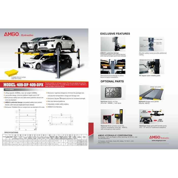 Brochure for AMGO Hydraulics presenting the AMGO 409-DPX 9,000 lbs Double Parking 4 Post Lift, including specifications and features such as adjustable safety ladders and optional parts, along with company information.