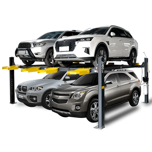 Four cars, two on an elevated platform and two below, are parked on an AMGO Hydraulics 409-DPX 9,000 lbs Double Parking 4 Post Lift system. Adjustable safety ladders are nearby for easy access.