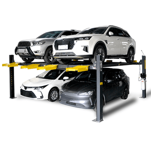 Two cars are parked on an elevated platform with two more cars underneath on the AMGO Hydraulics 409-DP 9,000 lbs Double Parking 4 Post Lift featuring dual safety locks.