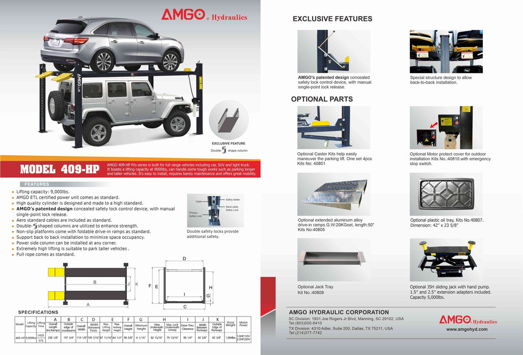 A promotional flyer highlighting the AMGO Hydraulics AMGO 409-HP 9,000 lbs Parking Lift, featuring its impressive 9000lbs lifting capacity, detailed specifications, and available optional parts. Easy to install and perfect as a parking lift solution.