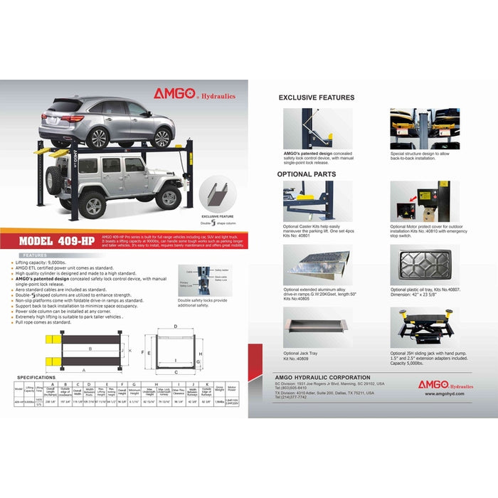 A promotional flyer highlighting the AMGO Hydraulics AMGO 409-HP 9,000 lbs Parking Lift, featuring its impressive 9000lbs lifting capacity, detailed specifications, and available optional parts. Easy to install and perfect as a parking lift solution.