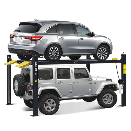 A silver SUV and a white 4x4 are parked on the AMGO 409-HP Parking Lift by AMGO Hydraulics, showcasing its impressive 9,000 lbs lifting capacity.