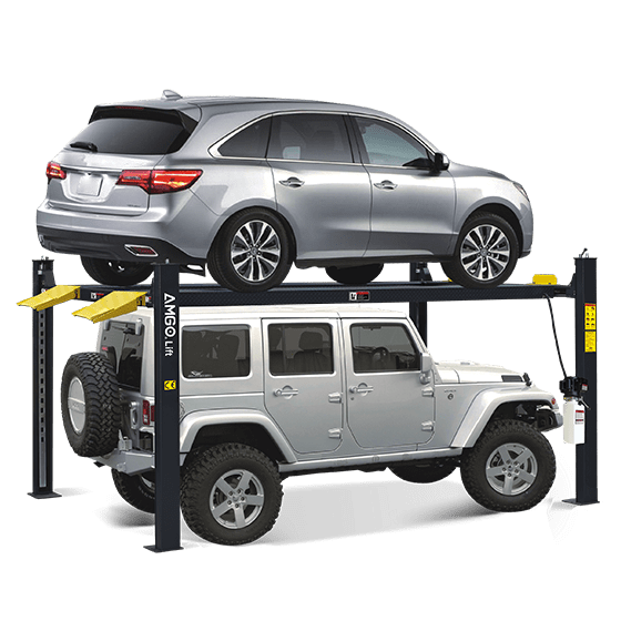 A silver SUV and a white 4x4 are parked on the AMGO 409-HP Parking Lift by AMGO Hydraulics, showcasing its impressive 9,000 lbs lifting capacity.