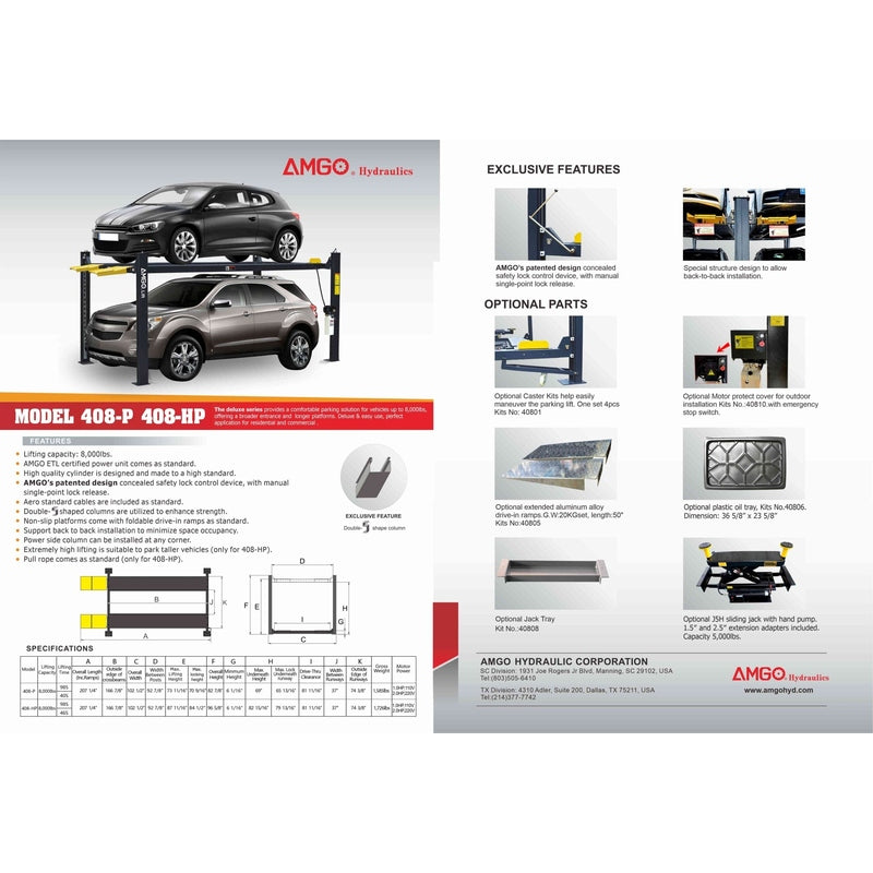 A brochure detailing features, specifications, and optional parts for the AMGO Hydraulics 408-HP 8,000 lbs 4 Post Parking Lift model.