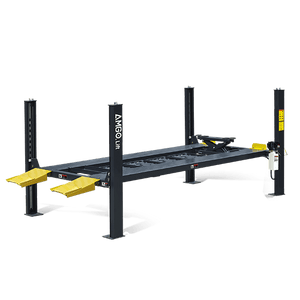 The AMGO Hydraulics 408-P-DX (Combo) 8,000 lbs 4 Post Parking Lift, featuring four posts and yellow ramps at the front with "AMGO" branding visible on the side, is designed for vehicle maintenance.