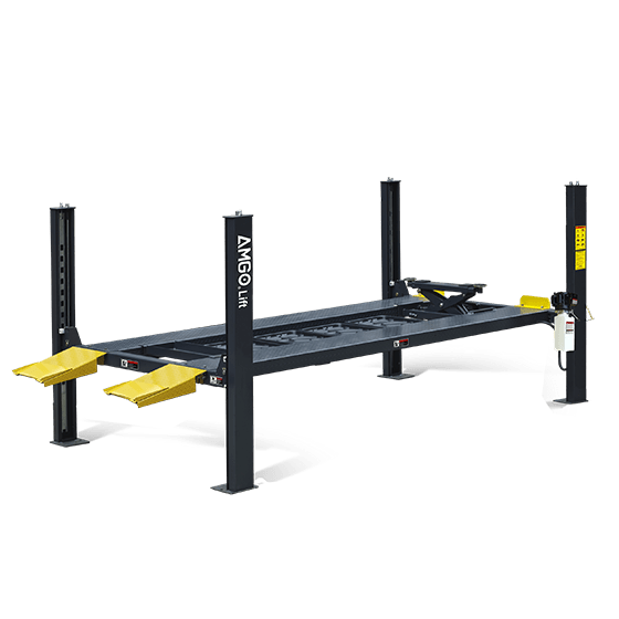 The AMGO Hydraulics 408-P-DX (Combo) 8,000 lbs 4 Post Parking Lift, featuring four posts and yellow ramps at the front with "AMGO" branding visible on the side, is designed for vehicle maintenance.