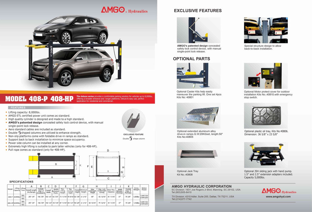 A black car is elevated on an AMGO 408-P-DX (Combo) 8,000 lbs 4 Post Parking Lift by AMGO Hydraulics, with a beige SUV parked below. This deluxe series lift boasts an impressive lifting capacity of 8,000 lbs.