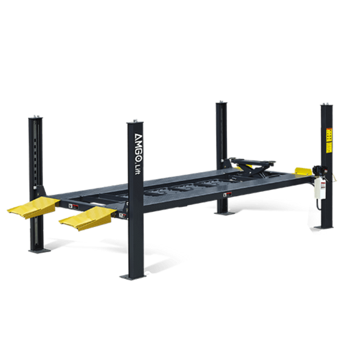 The AMGO Hydraulics AMGO 408-P 8,000 lbs 4 Post Parking Lift, featuring yellow ramps and black supports, is engineered for vehicle maintenance or repairs.