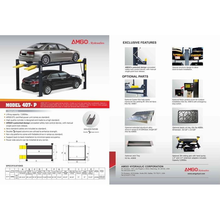 Advertisement for the AMGO 407-P 7,000 lbs Parking Lift featuring specs, optional parts, and key features. Includes a concealed safety device for enhanced protection.