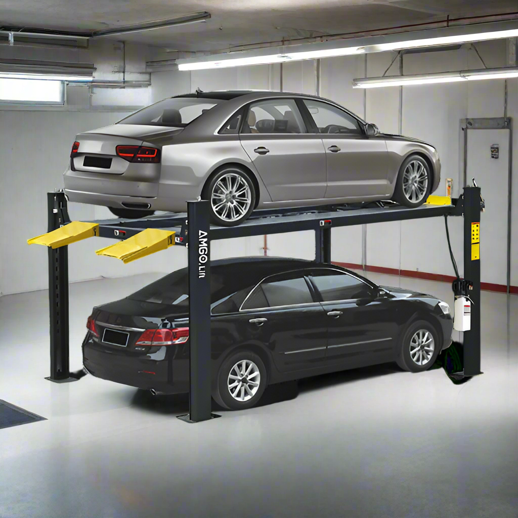 AMGO 407-P 7,000 lbs 4 Post Parking Lift With 2 cars in a garage