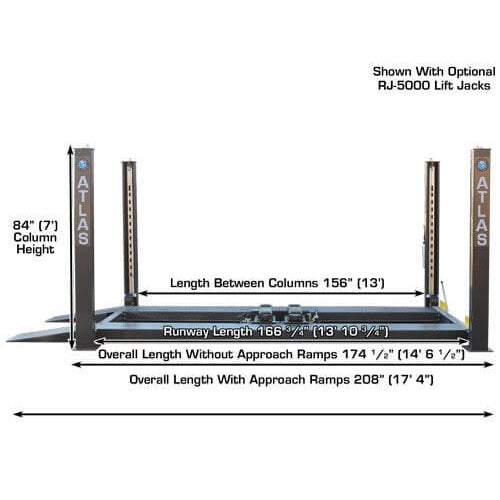 Atlas PREMIUM 408SL 4 Post Lift + RJ35 Sliding Jacks Combo length measurements between columns