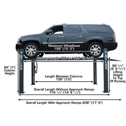 Atlas PREMIUM 408SL 4 Post Lift + RJ35 Sliding Jacks Combo measurements