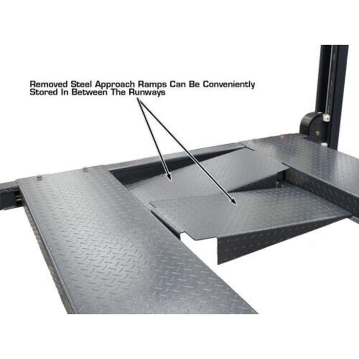 Atlas PREMIUM 408SL 4 Post Lift + RJ35 Sliding Jacks Combo with steel ramp storage