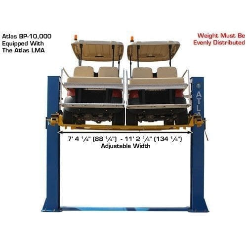 Atlas 9KOHX 9,000 lb Overhead 2-Post Lift w/ LMA Combo Two Lawnmowers