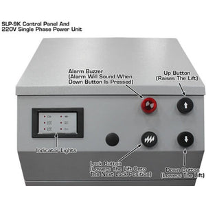 Atlas SLP9K 9,000 lb Full-Rise Lift with control panel ad 220V Single Phase Power Unit
