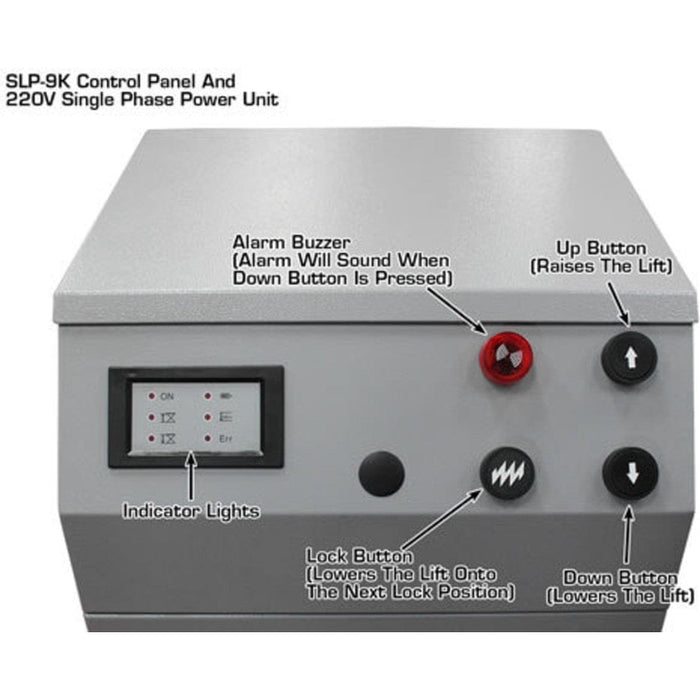 Atlas SLP9K 9,000 lb Full-Rise Lift with control panel ad 220V Single Phase Power Unit
