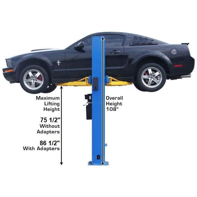 Atlas BP8000 2-Post Lift + Lawn Mower Adapter Combo side view