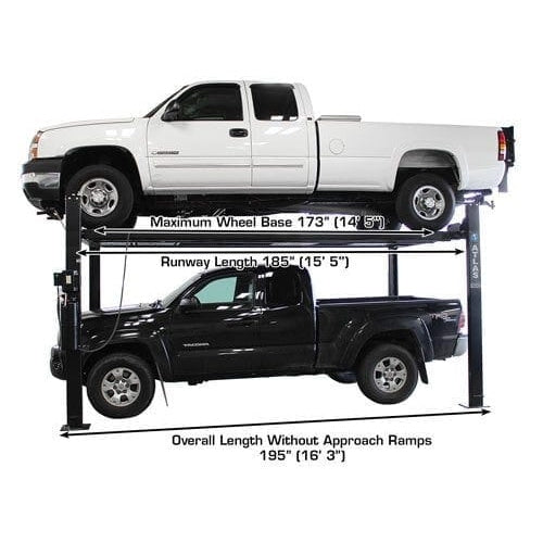 Atlas PRO8000EXT-L 4 Post Lift + RJ35 Sliding Jacks Combo with overall length measurements