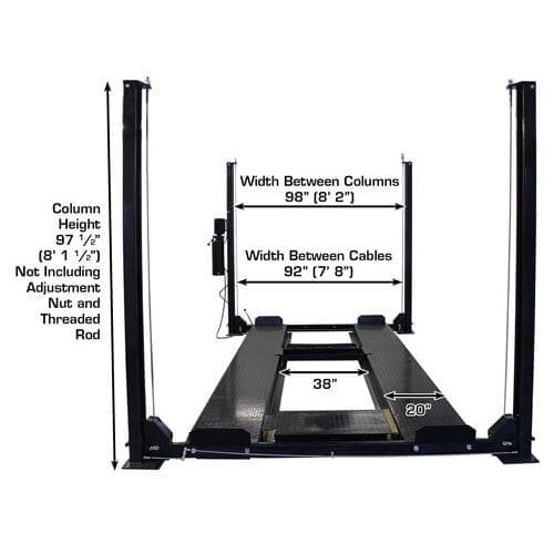 Atlas PRO8000EXT-L 4 Post Lift + RJ35 Sliding Jacks Combo columns measurements