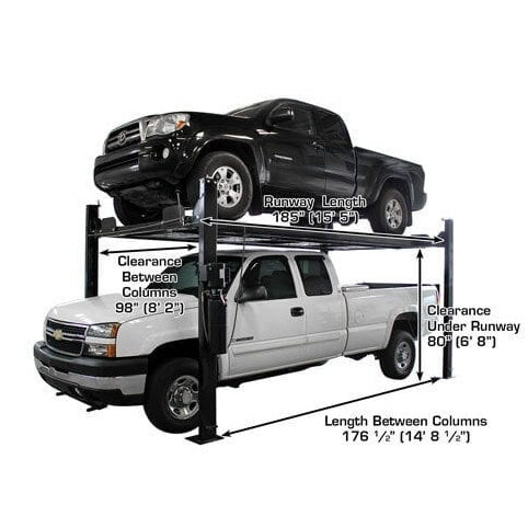Atlas PRO8000EXT-L 4 Post Lift + RJ35 Sliding Jacks Combo with runway length measurements