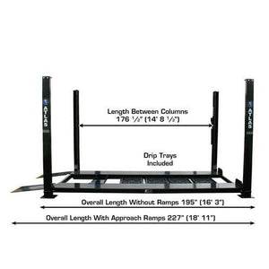 Atlas PRO8000EXT-L 4 Post Lift + RJ35 Sliding Jacks Combo with overall length measurements