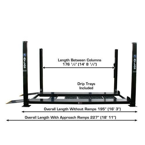 Atlas PRO8000EXT-L 4 Post Lift + RJ35 Sliding Jacks Combo with overall length measurements