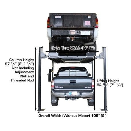 Atlas PRO8000EXT-L 4 Post Lift + RJ35 Sliding Jacks Combo in rear view