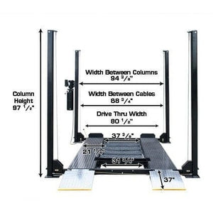 Atlas PRO8000EXT 4 Post Lift + RJ35 Sliding Jacks Combo column measurements