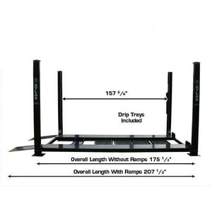 Atlas PRO8000EXT 4 Post Lift + RJ35 Sliding Jacks Combo overall length measurements
