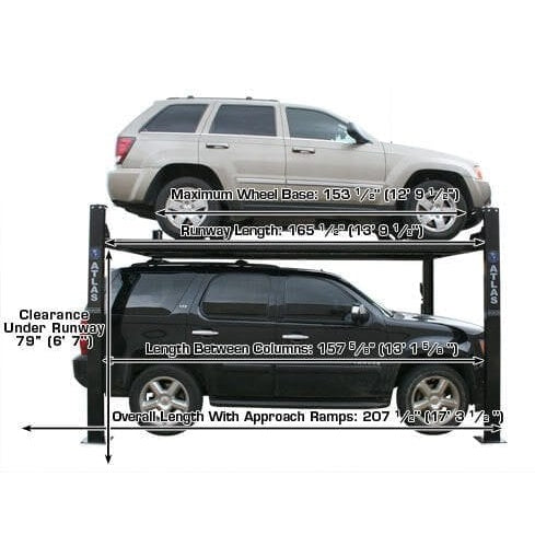 Atlas PRO8000EXT 4 Post Lift + RJ35 Sliding Jacks Combo overall length measurements