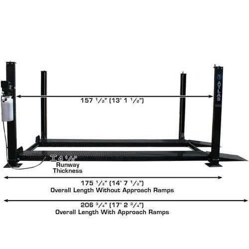 Atlas PRO8000 4 Post Lift + RJ35 Sliding Jacks Combo overall length measurements
