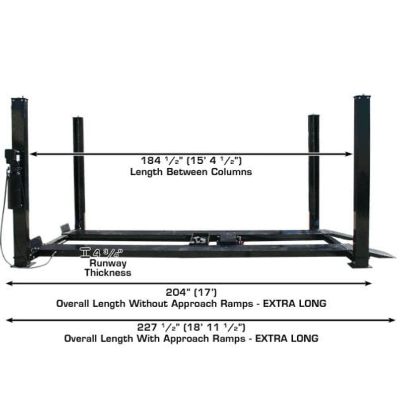 Atlas Garage PRO9000 9,000 lb 4-Post Lift with overall length measurements