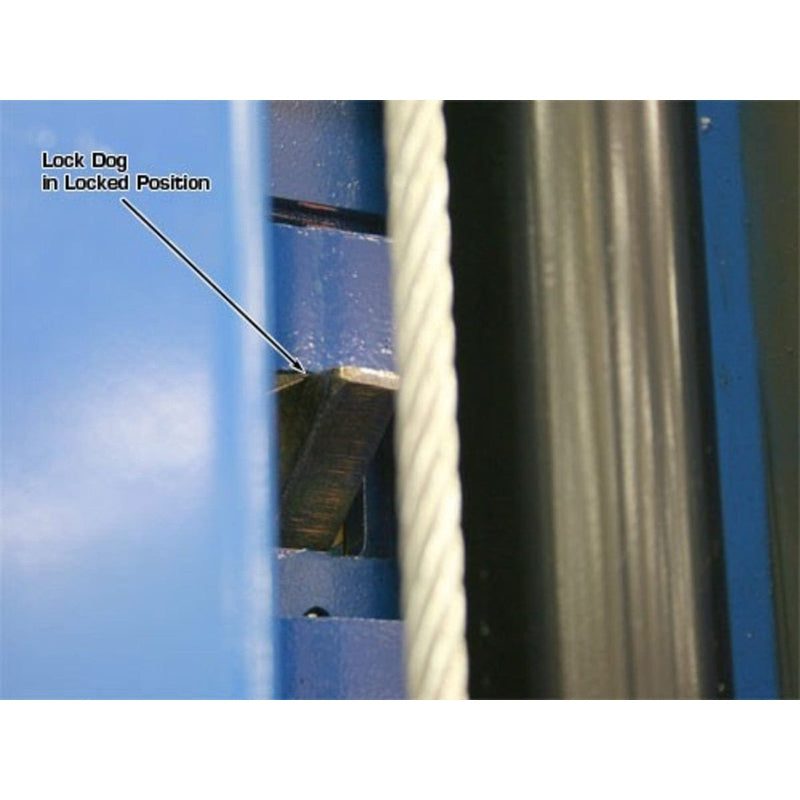 Atlas PV10PX 10,000 lb Overhead 2-Post Lift Lock dog in locked position