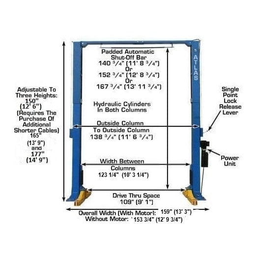 Atlas PV12PX 12,000 lb Overhead 2-Post Lift Specifications