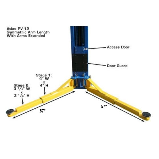 Atlas PV12PX 12,000 lb Overhead 2-Post Lift with arms extended