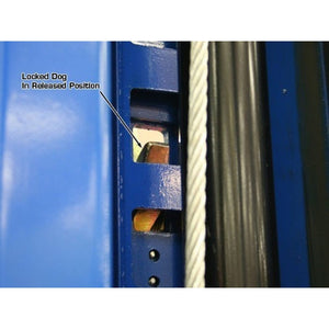 Atlas PV12PX 12,000 lb Overhead 2-Post Lift lock dog in released position close view